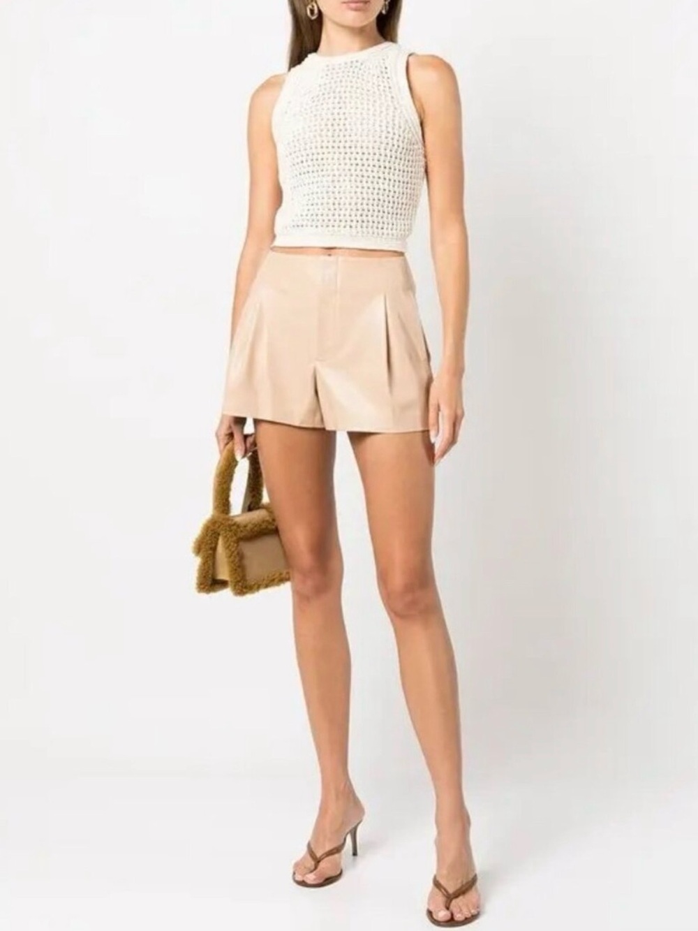 Alice + Olivia Beige High-Waist Pleated Vegan Leather Shorts